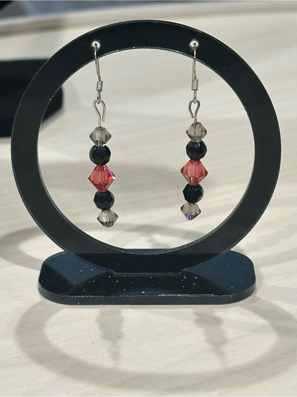 Handcrafted Pink/Black/Smokey Gray Crystal Bead Dangle Earrings